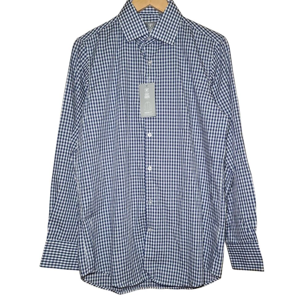 Stacy Adams Navy Gingham Check Dress Shirt Modern Fit Size 15 1/2 Medium 34/35